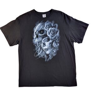 Vintage Grunge Roses Women's Skull T-Shirt Men’s Size XL Black Day of the Dead